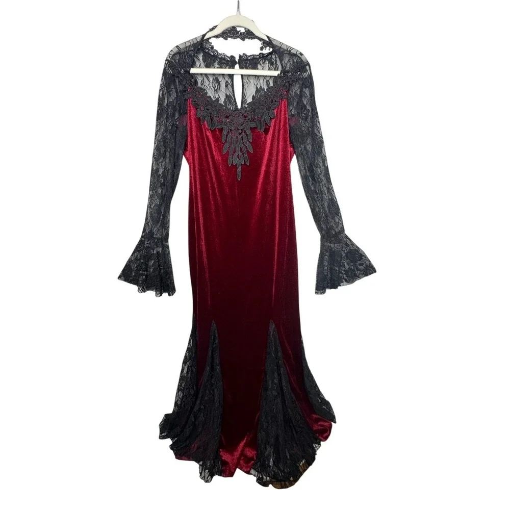 Womens Ren Faire Velvet‎ Sheer Lace Maxi Dress 2X Bell Sleeve Renaissance Goth